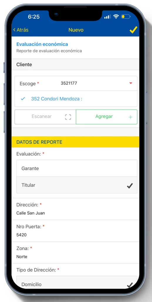 Formulario digital de evaluación económica en la app para operaciones de servicios financieros de CityTroops para asesores financieros.