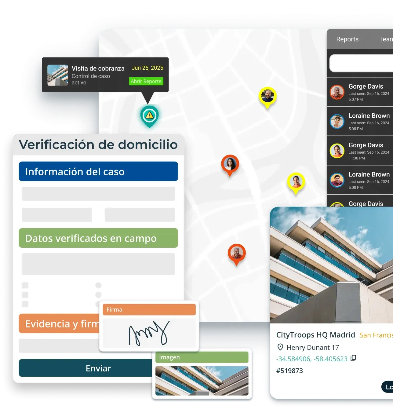 Mapa interactivo con ubicación de gestores y ventana de formulario de verificación de domicilio con firma para una Gestión de equipos de operaciones de servicios financieros.