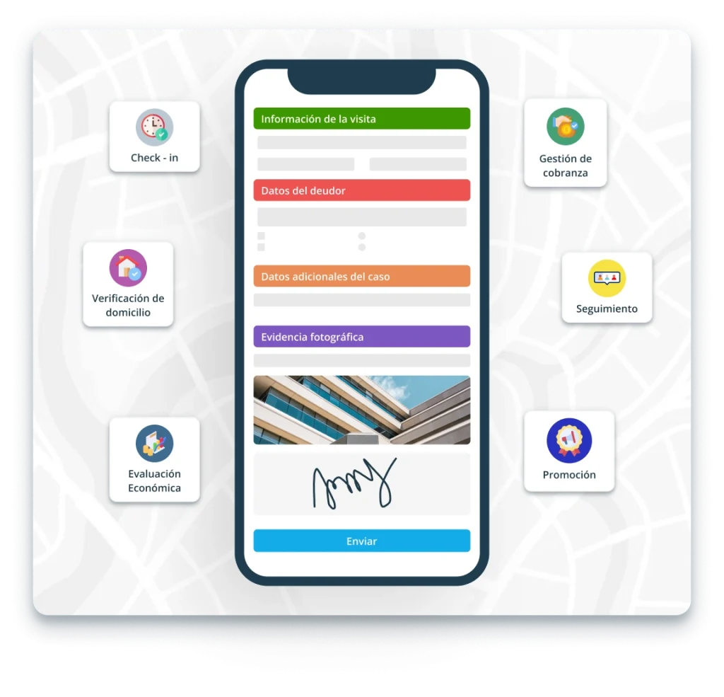 Infografía de un smartphone rodeado de íconos de servicios: Check-in, Cobranza, Evaluación Económica y Seguimiento, mostrando la app para Registro de visitas y control de visitas con GPS.