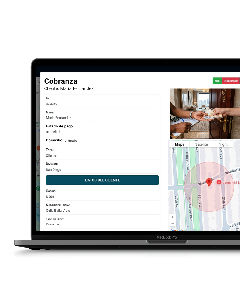 App de cobranza domiciliaria con verificación fotográfica del domicilio visitado, evidencia del cobro y registro de pasajes desde campo