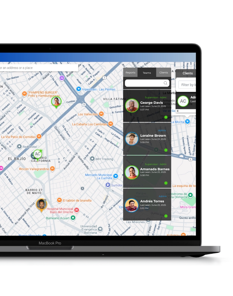 Monitoreo de gestores de cobranza en tiempo real con mapa de geolocalización y estado de actividad de cada gestor en campo