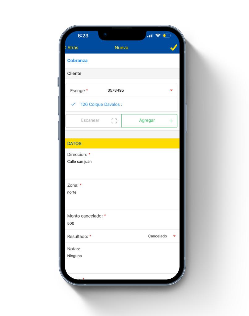 Reporte de cobranza en campo registrado desde app con cliente, dirección, zona, monto cobrado y resultado de la visita