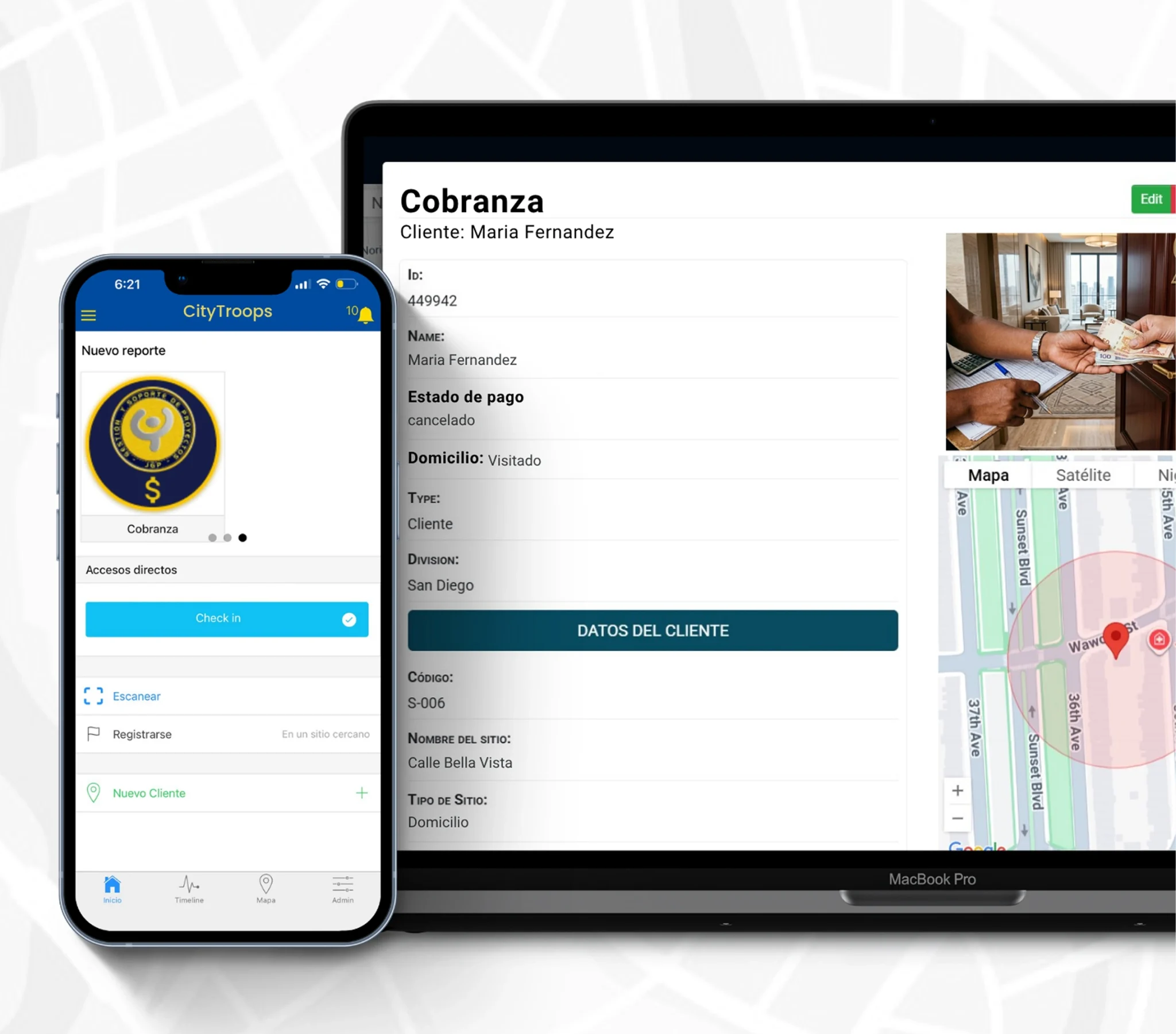Software de gestión de cobranza en campo CityTroops con app móvil para gestores y reporte de visita georreferenciado en desktop