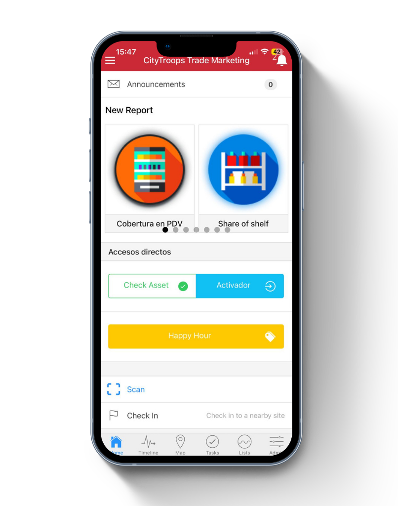 App CityTroops para ejecución en canal moderno con módulos de cobertura en PDV y share of shelf desde campo