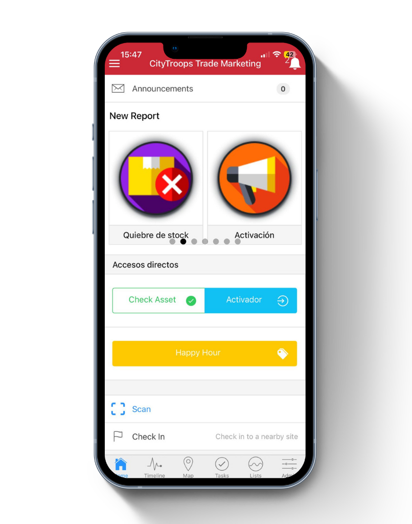 App CityTroops para ejecución en canal moderno con módulos de quiebre de stock y activación disponibles desde campo