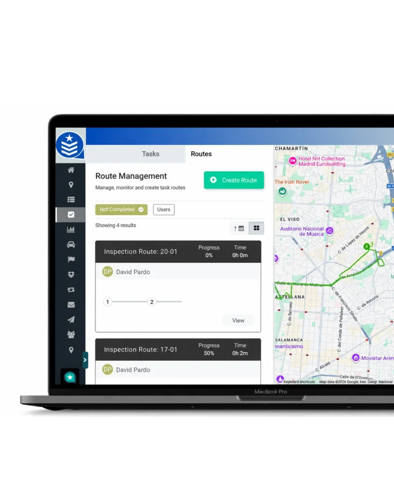 Field inspection management platform showing inspection route assignment, case progress tracking and territory coverage map for insurance adjusters