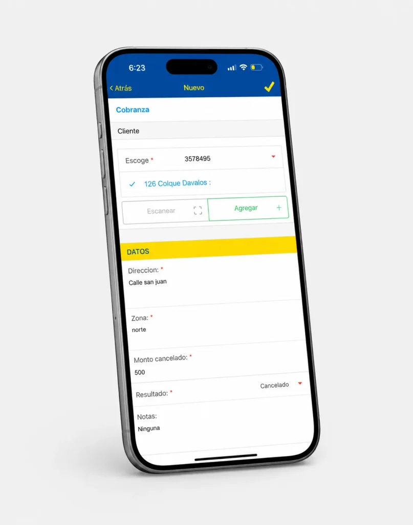 App móvil para gestión de cobranza de primas en campo con registro de cliente, dirección, zona, monto y resultado de la visita