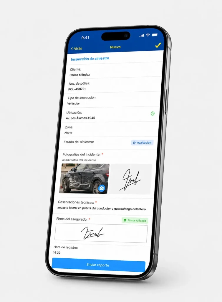 App móvil para gestión de peritos de seguros con formulario de inspección de siniestro, evidencia fotográfica y firma digital del asegurado