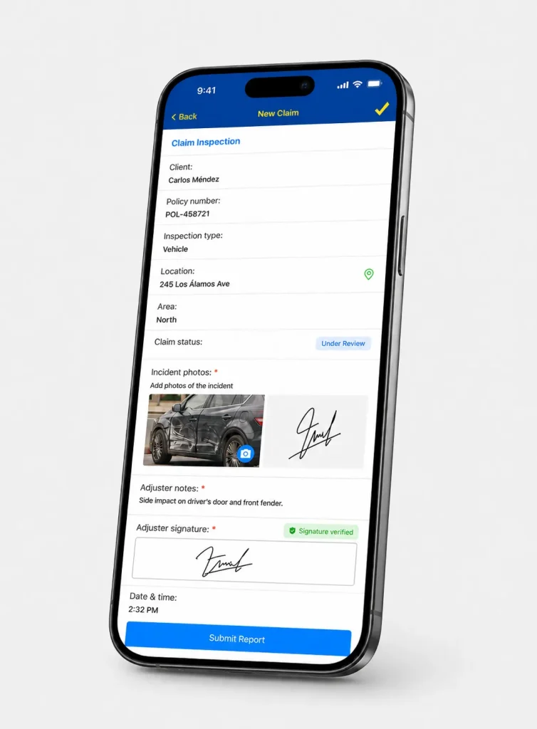 Insurance inspection software mobile app showing a claim inspection form with incident photos, adjuster notes and verified digital signature