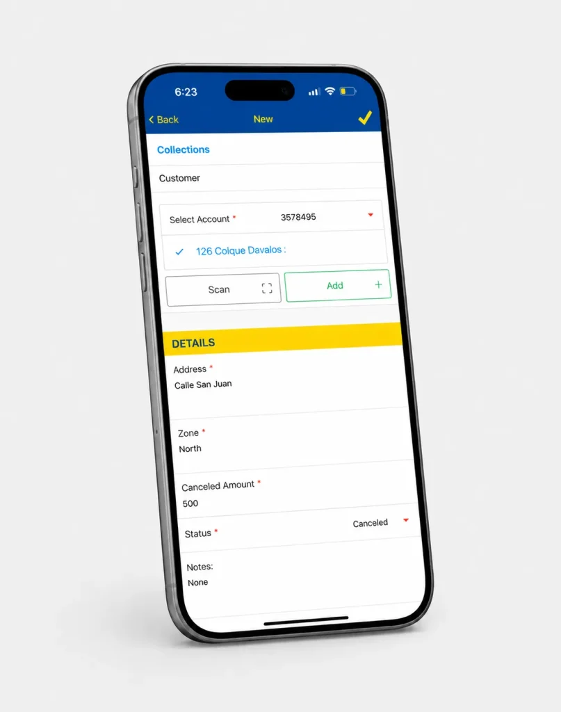 Mobile app for insurance premium collections in the field showing customer data, address, zone, payment amount and visit result