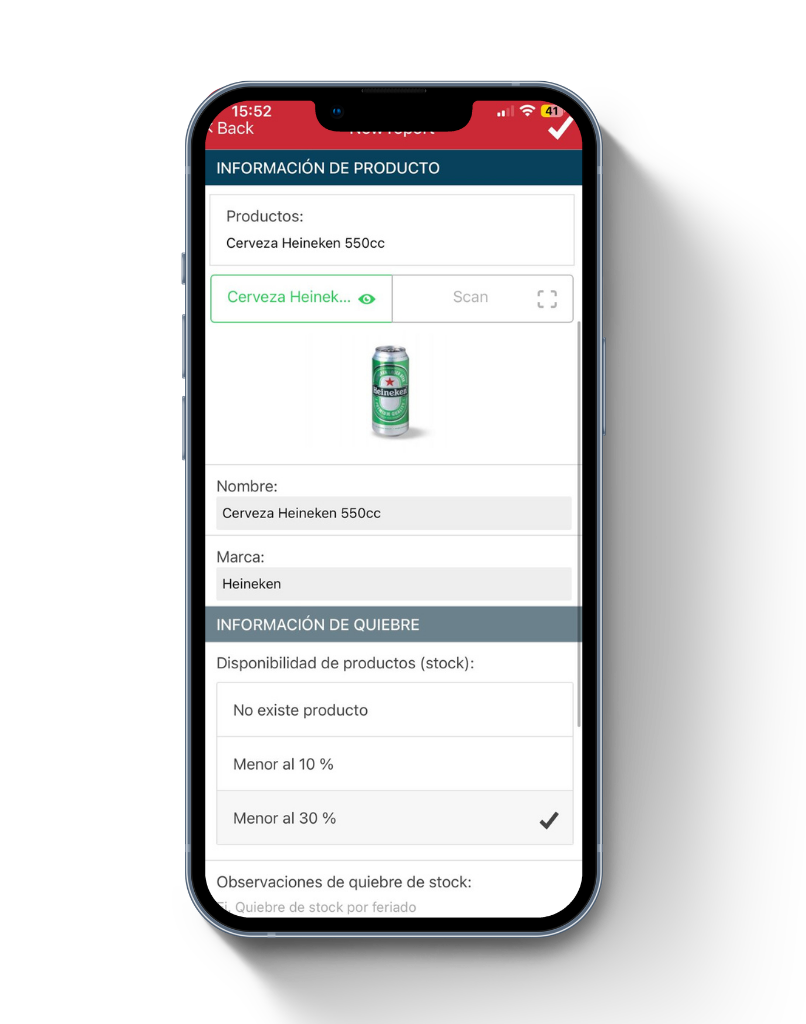 Reporte de quiebre de stock en canal moderno con producto identificado y nivel de disponibilidad menor al 30% registrado desde app