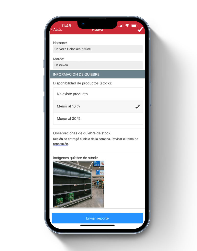 Reporte completo de quiebre de stock en canal moderno con evidencia fotográfica de góndola vacía, observaciones y nivel de disponibilidad