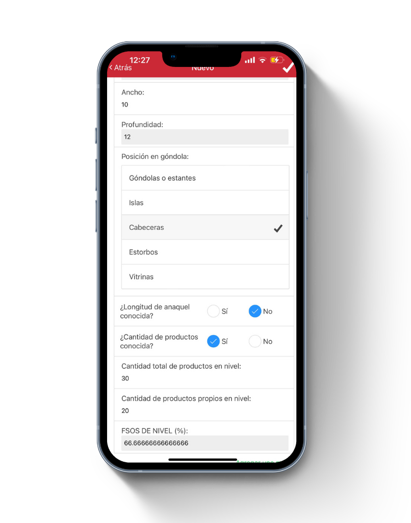 Reporte de share of shelf en canal moderno con cálculo automático de FSOS, posición en góndola y control de surtido desde app