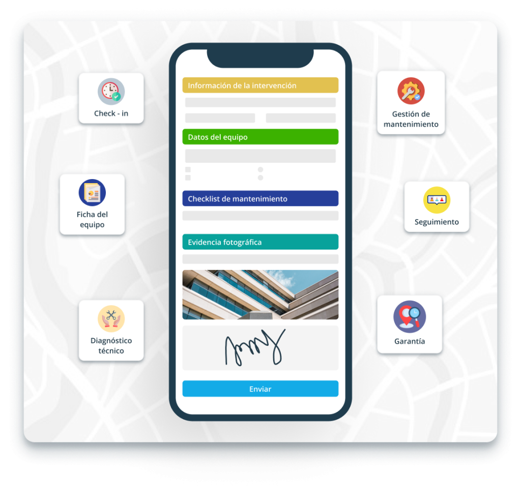 App de mantenimiento para técnicos en campo con checklist, ficha del equipo y firma digital
