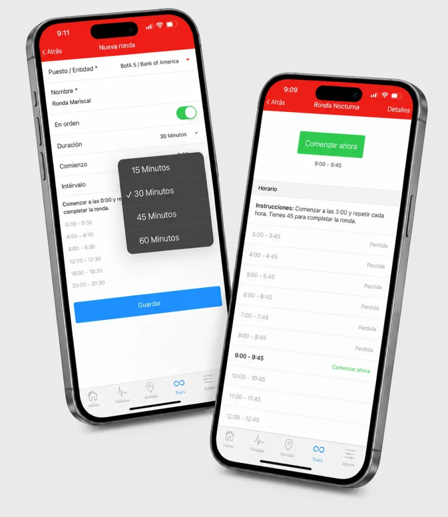 App para guardias de seguridad con configuración de ronda nocturna y horario de checkpoints en CityTroops