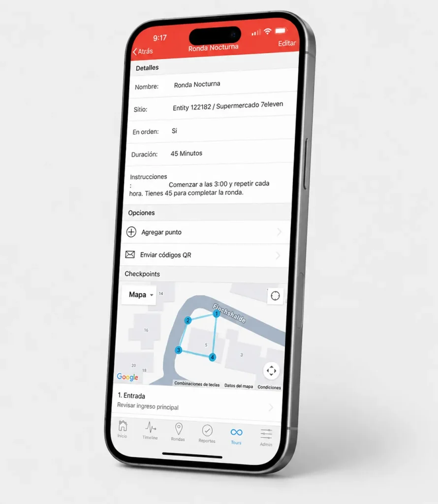 App para guardias de seguridad con mapa de checkpoints y envío de códigos QR para verificación de ronda en CityTroops