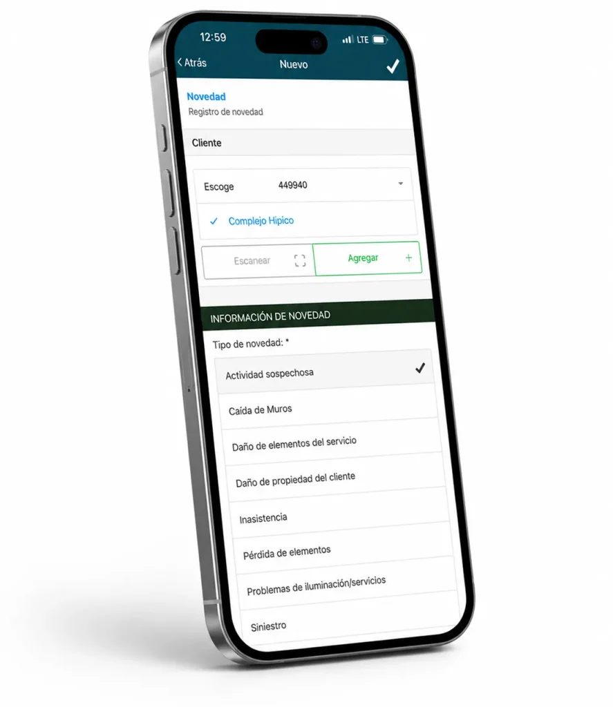 App para seguridad privada con formulario de registro de novedad y tipos de incidencia en CityTroops