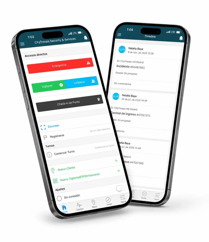 App para seguridad privada con timeline de incidentes y controles de ingreso registrados en CityTroops