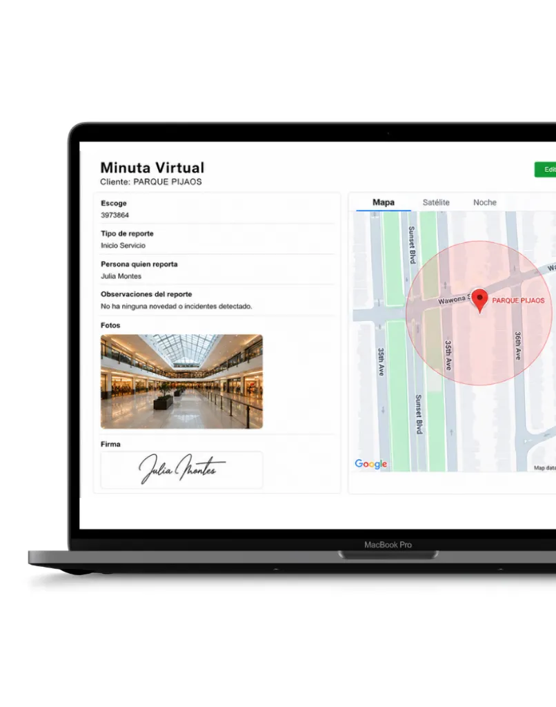 Dashboard web CityTroops con registro de minuta de seguridad privada del puesto con geolocalización, foto y firma digital