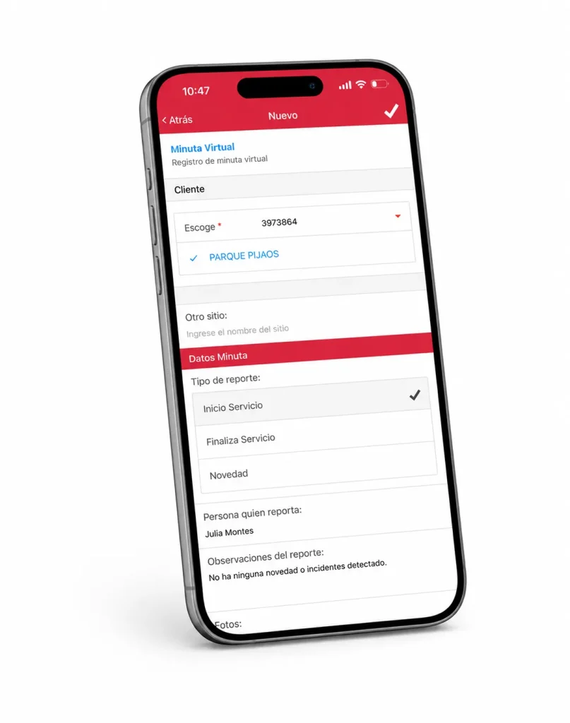 App CityTroops con formulario de minutas de vigilancia mostrando tipos de reporte: inicio servicio, finaliza servicio y novedad