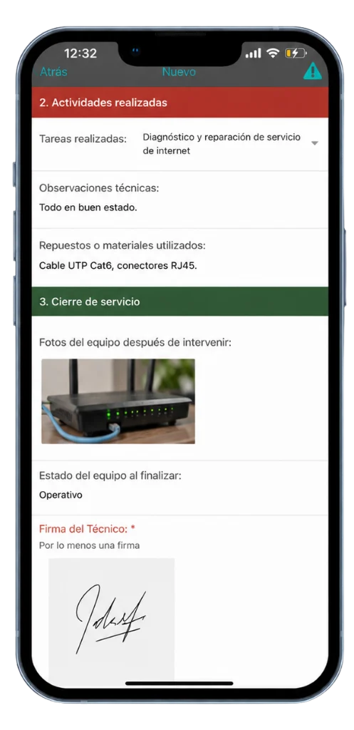 Reporte de mantenimiento personalizado con campos condicionales para actividades realizadas y cierre de servicio