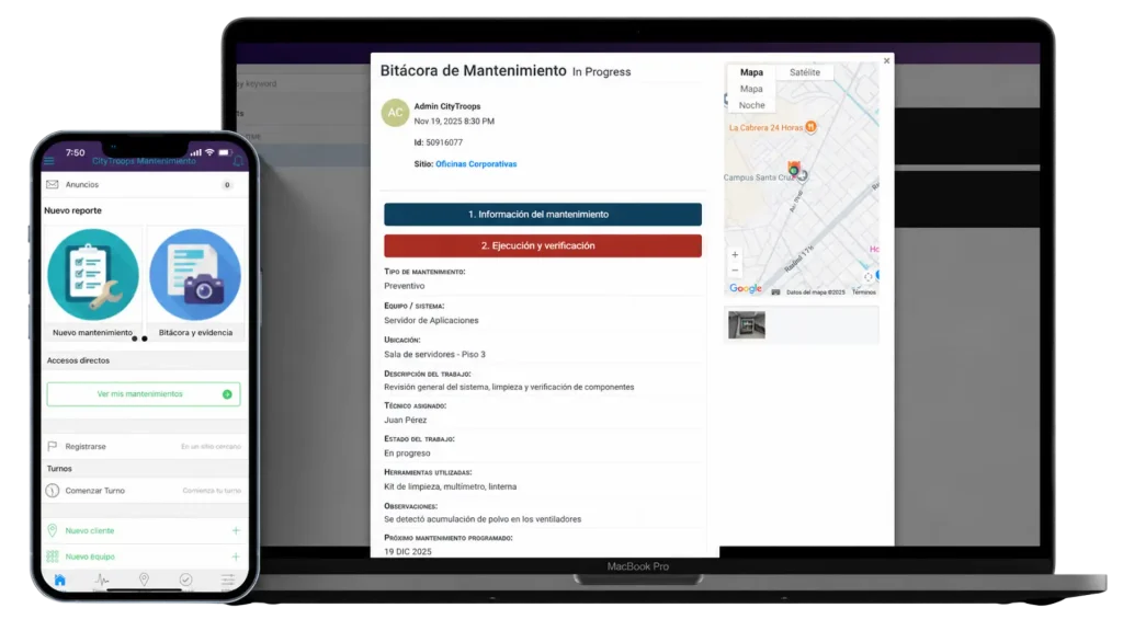 Software de mantenimiento para equipos técnicos en campo, con bitácora de mantenimiento en laptop y celular