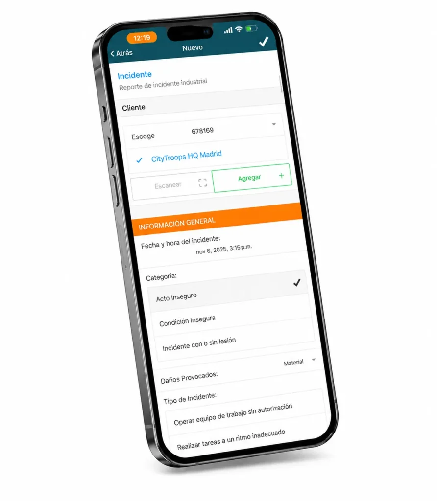 Software para guardias de seguridad con formulario de reporte de incidente y categoría de riesgo en CityTroops
