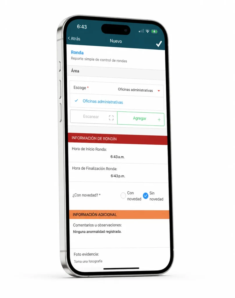 App de CityTroops para registrar una ronda simple de seguridad con foto de evidencia, hora y área