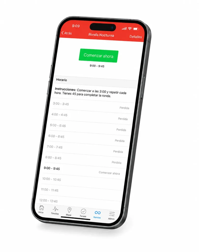 App de CityTroops mostrando al guardia de seguridad el rondín asignado con horario e instrucciones