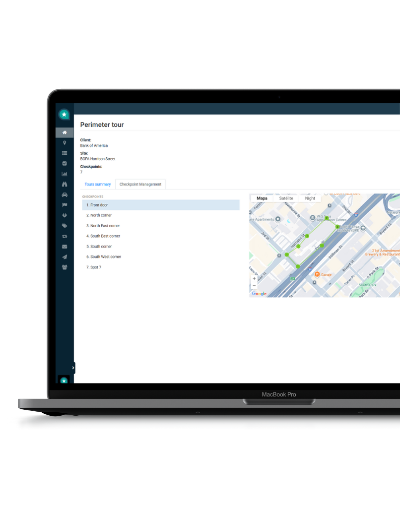 Dashboard de CityTroops con historial de cumplimiento de rondines de vigilancia por checkpoint y fecha