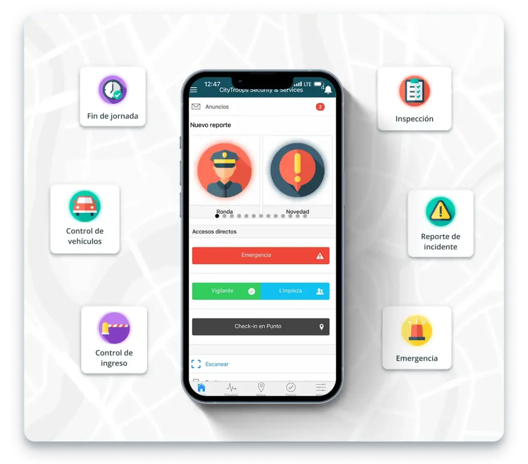 App para guardias de seguridad privada de CityTroops con accesos directos a ronda, novedad, control de ingreso e inspección