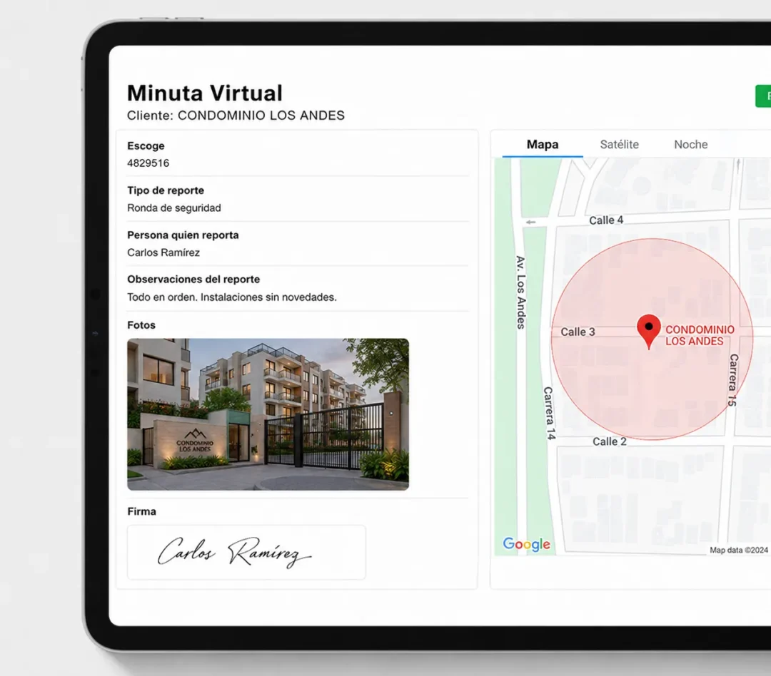 Dashboard de minuta de vigilancia digital en CityTroops con geolocalización del puesto y firma digital del vigilante