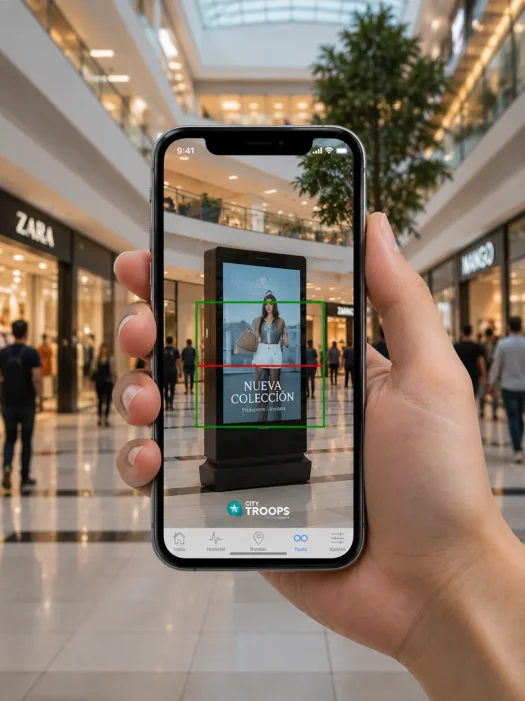Vigilante usando app CityTroops para registrar la minuta de vigilancia en puesto de centro comercial escaneando QR en pantalla digital
