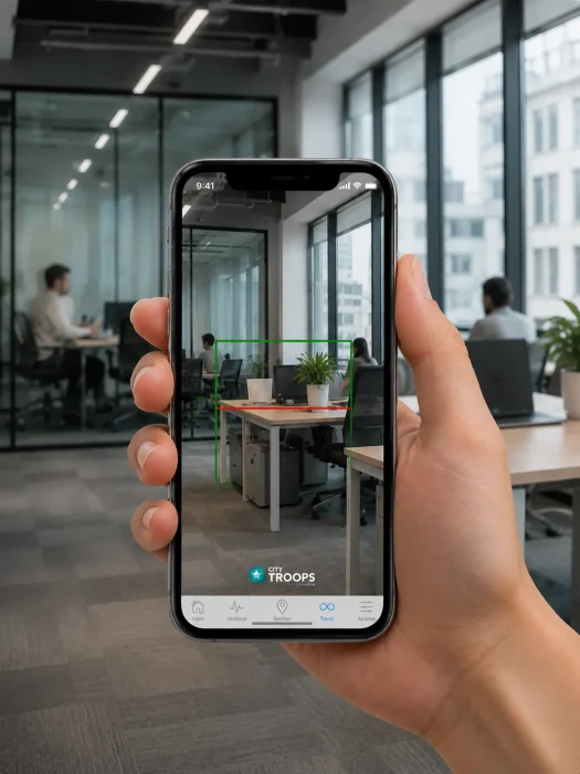 Vigilante usando app CityTroops para registrar la minuta virtual en puesto de oficinas corporativas escaneando punto de control