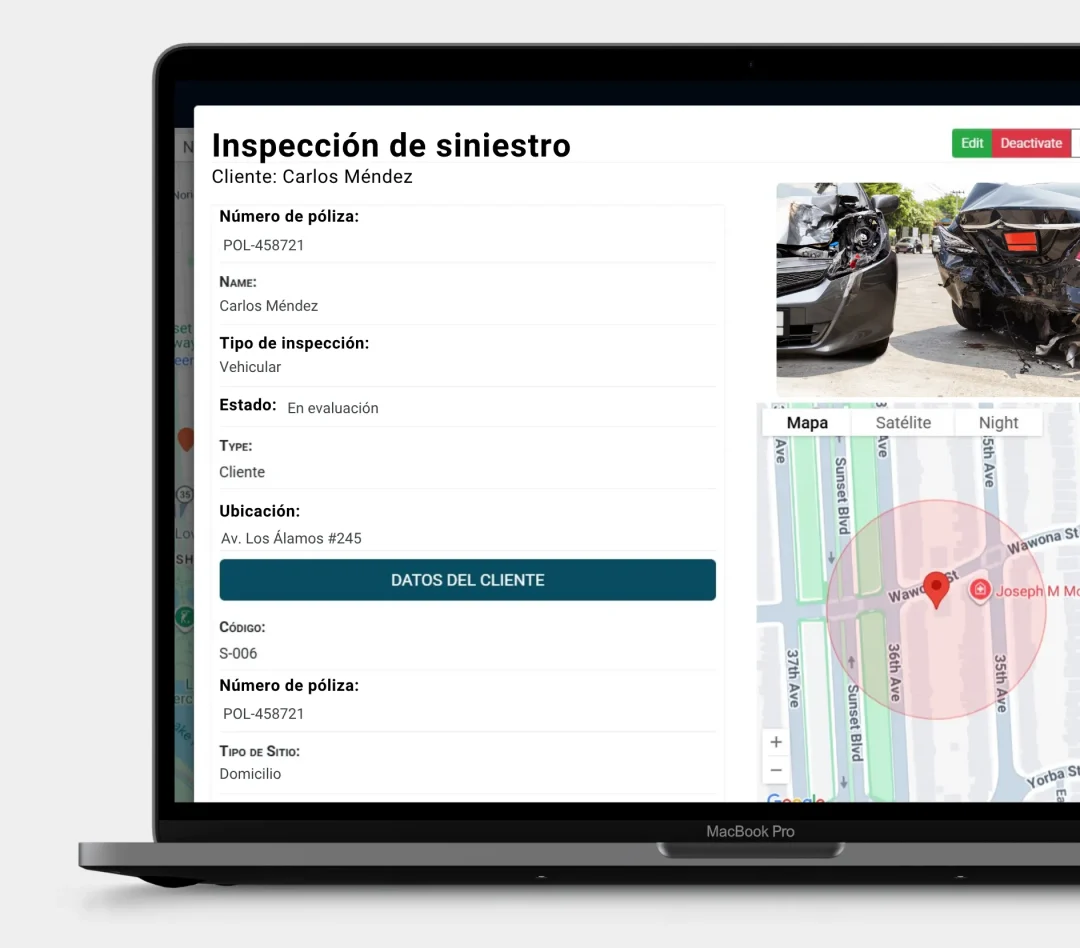 Software para operaciones de campo en aseguradoras con reporte de inspección de siniestro, evidencia fotográfica y geolocalización del caso